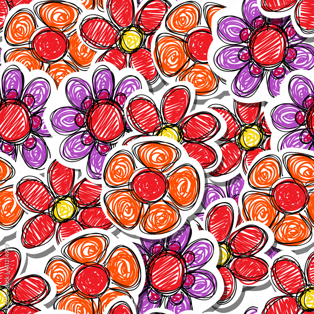 Red hand-drawn flowers seamless background Red hand-drawn flowers seamless background