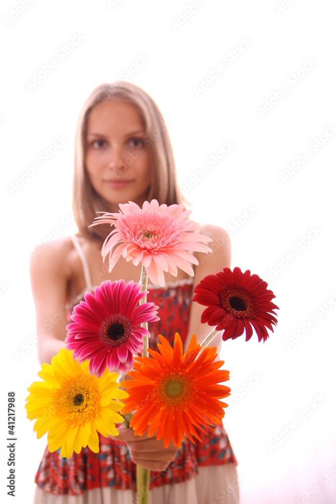 woman with flower, isolated on white