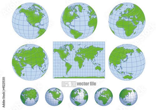 Collection of green blue vector globes with world map