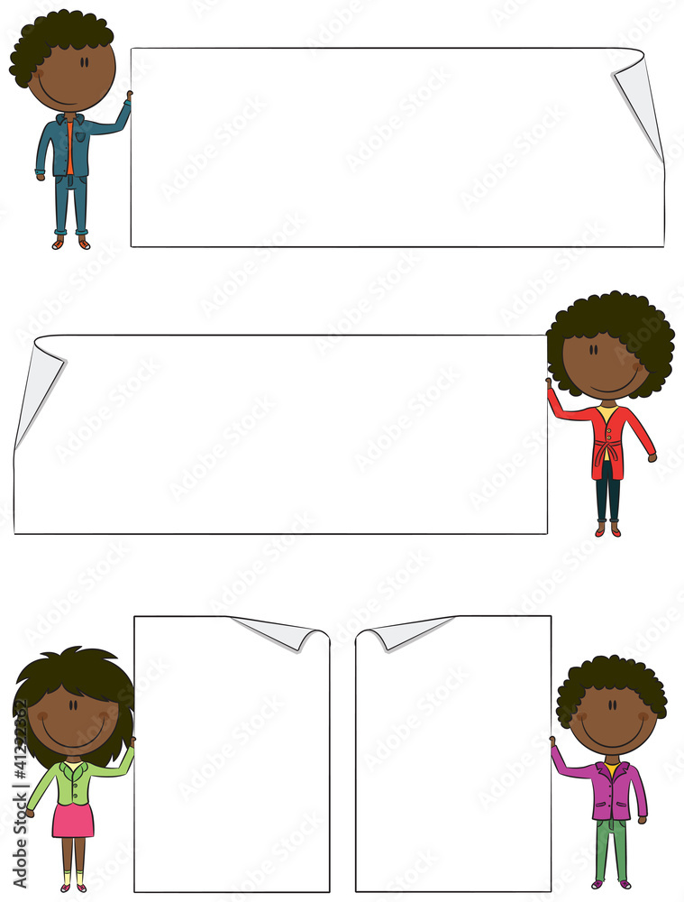 African-American kids holding empty blank banners African-American kids holding empty blank banners