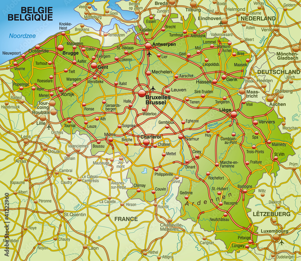 Landkarte von Belgien mit Autobahnen und Nachbarländern Stock Vector ...