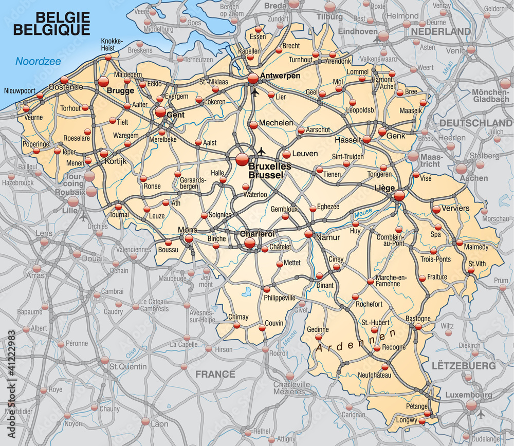 Karte von Belgien mit Autobahnen und Hauptstädten