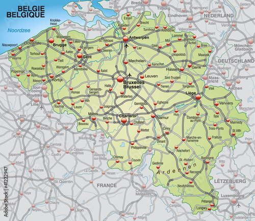 Landkarte von Belgien mit Autobahnen und Nachbarl  ndern