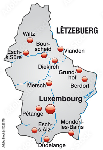 Karte von Luxembourg mit Hauptstädten in grau photo