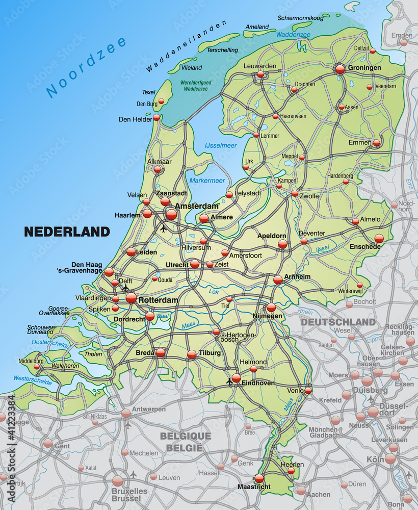 Naklejka premium Verkehrskarte der Niederlande mit Nachbarländern