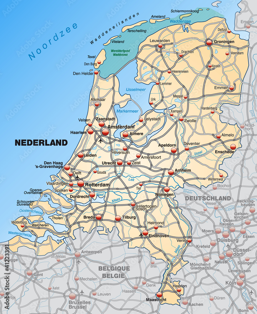 Landkarte der Niederlande mit Autobahnen und Nachbarländern Stock ...