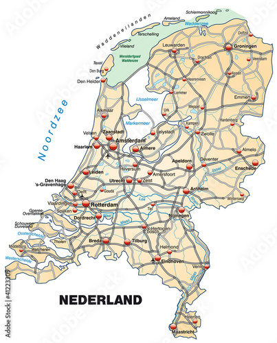 Inselkarte der Niederlande mit Verkehrsnetz und Hauptstädten