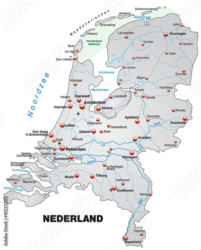 Inselkarte der Niederlande mit Hauptstädten in grau