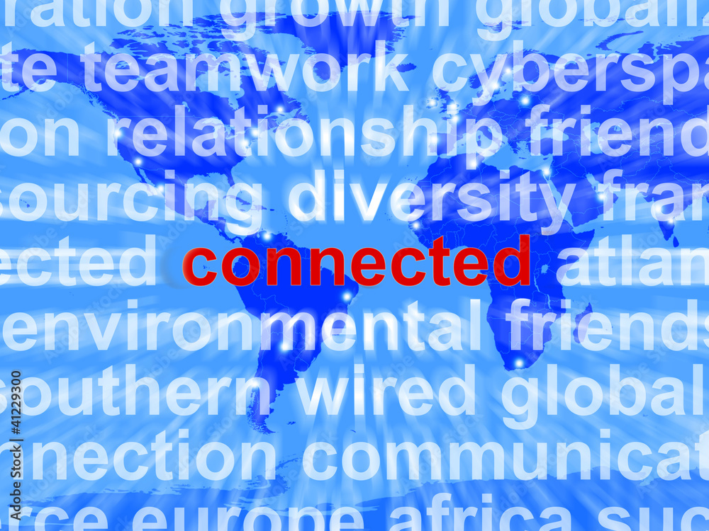 Connected Word On Map Showing Global Networks And Connections Connected Word On Map Showing Global Networks And Connections