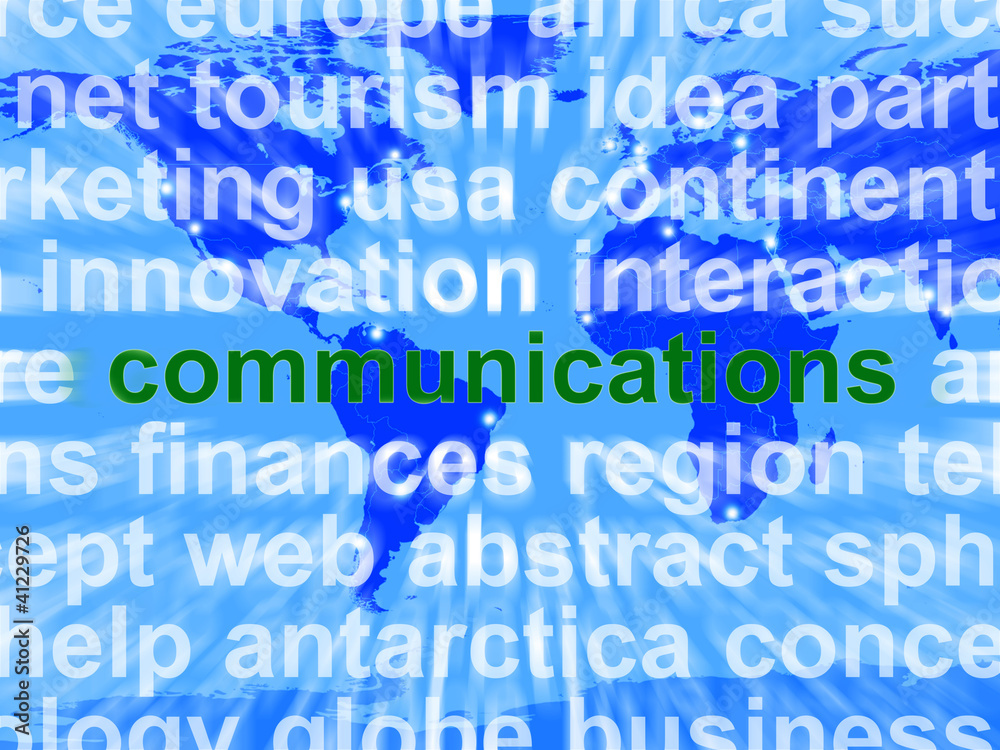 Communications Word On Map Showing Global Networking Communications Word On Map Showing Global Networking