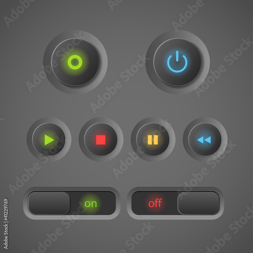 Glowing dark interface control buttons