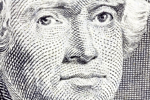 Macro of Thomas Jefferson on the US two dollar bill. photo