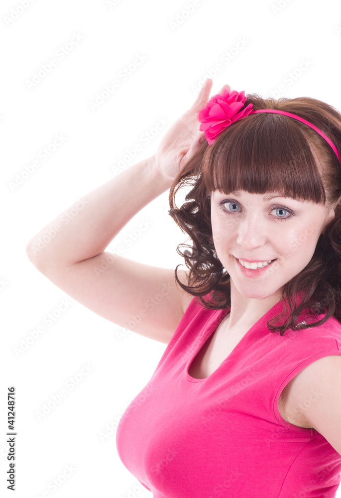 Beautiful young woman in pink on white background. Beautiful young woman in pink on white background.