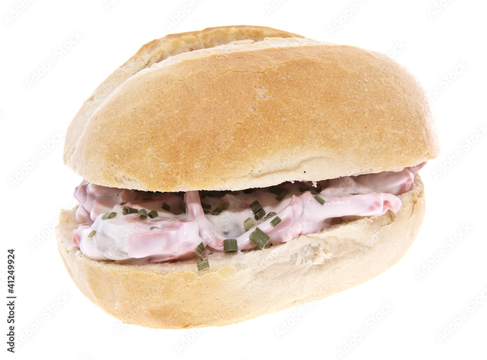 Roll with meat salad isolated on white Roll with meat salad isolated on white