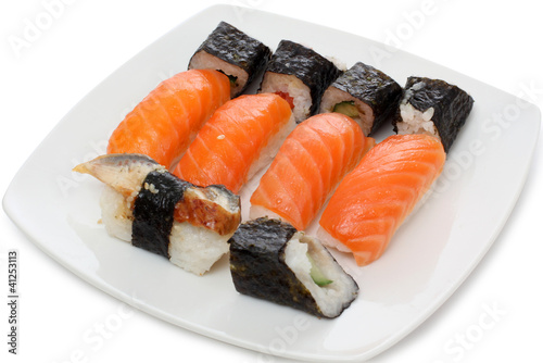 Asia red and black sushi on white plate