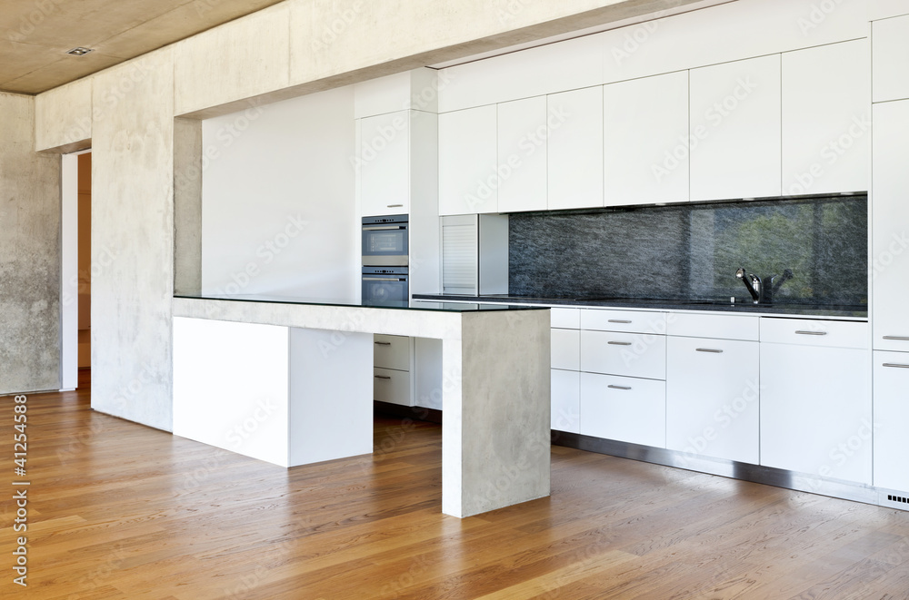 modern concrete house with hardwood floor, kitchen