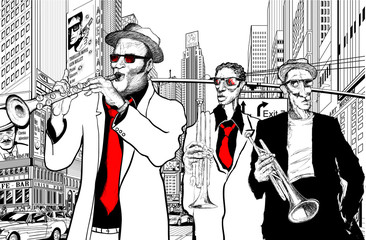 Wandcirkels Muziekband Jazzband op straat in New York  © Isaxar