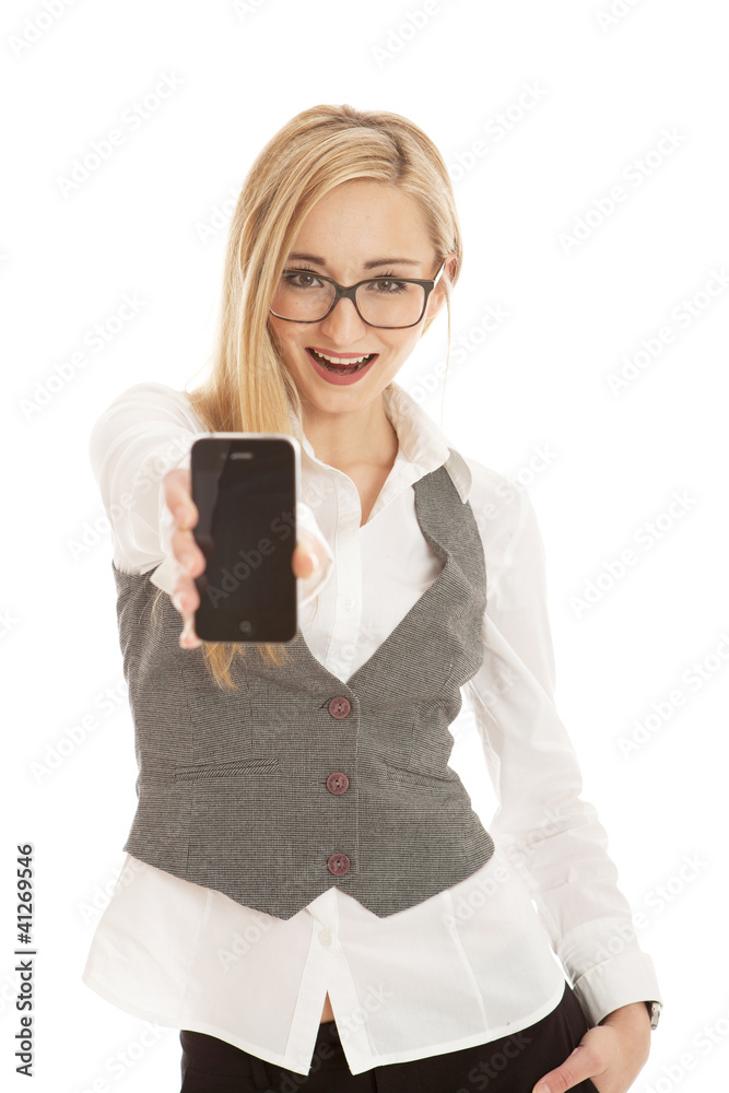 young business woman with mobile phone isolated