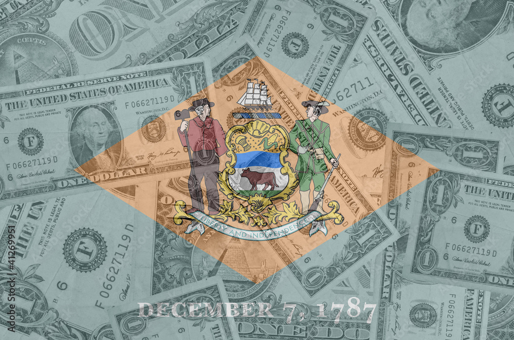 US state of delaware flag with transparent dollar banknotes in b