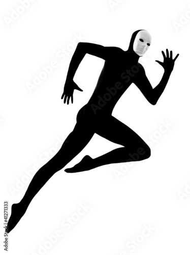 performer mime with mask running jumping