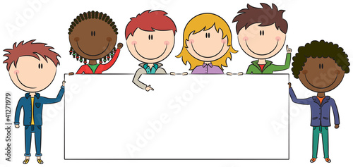 Cheerful multiethnic kids holding empty blank banners