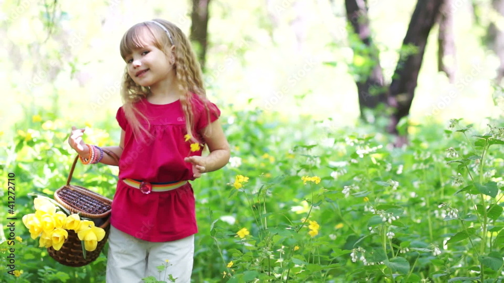 Happy girl with basket collects yellow flowers Happy girl with basket collects yellow flowers