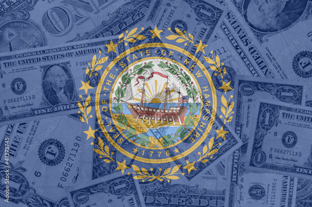 US state of new hampshire flag with transparent dollar banknotes