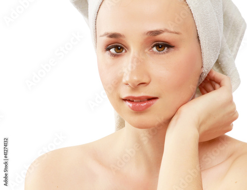 Closeup portrait of young beautiful woman after bath