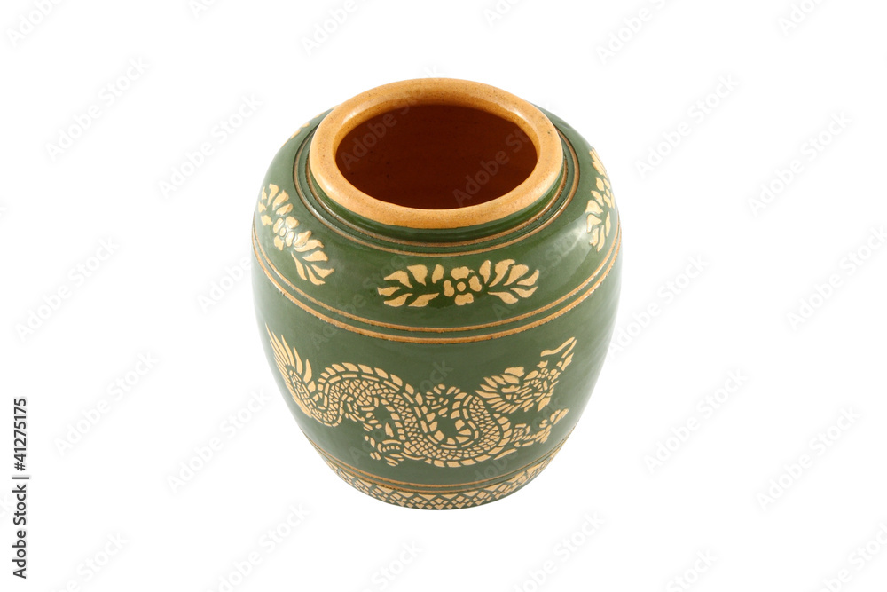 Hand made dragon jar on white background.
