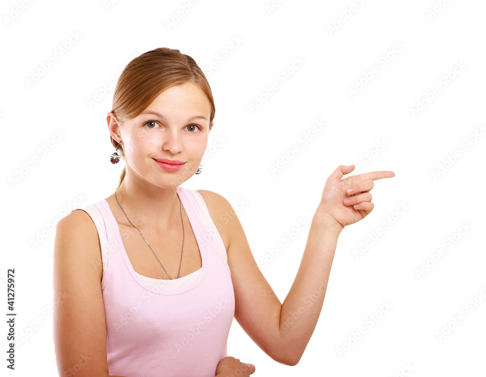 A young woman showing something , isolated on white background