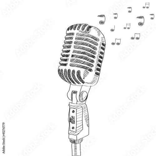 hand drawn vector microphone with note. isolated