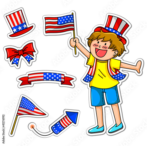 4th of july set with icons and a happy kid