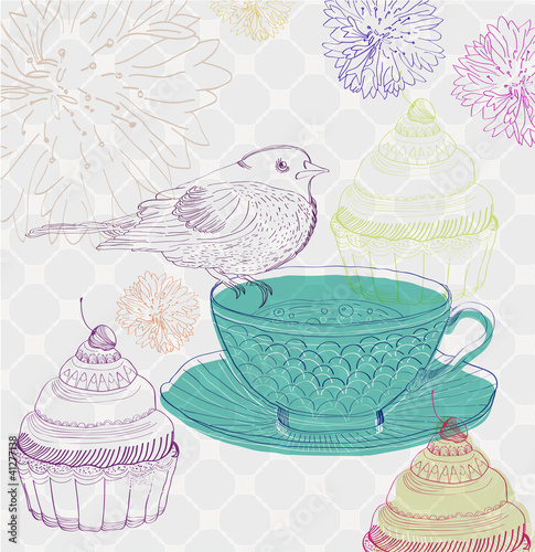 tea time background with cupcakes and bird