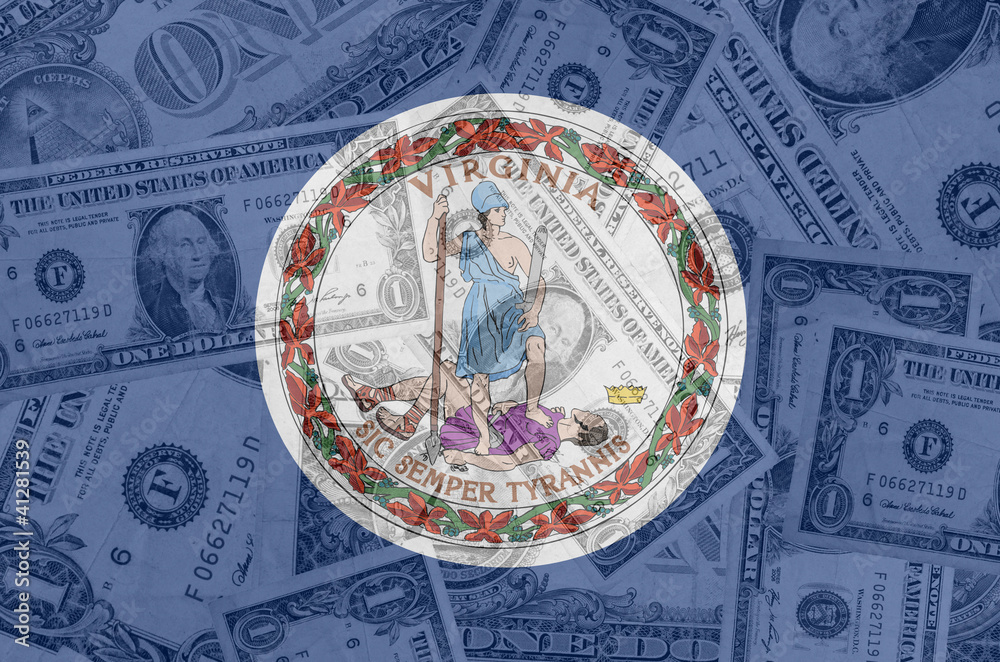 US state of virginia flag with transparent dollar banknotes in b