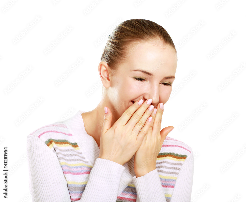 A young emotional girl, isolated on white, closeup