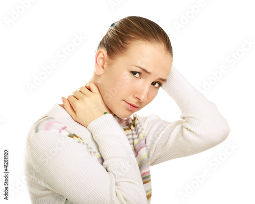 Woman holds head with pain, isolated on white background
