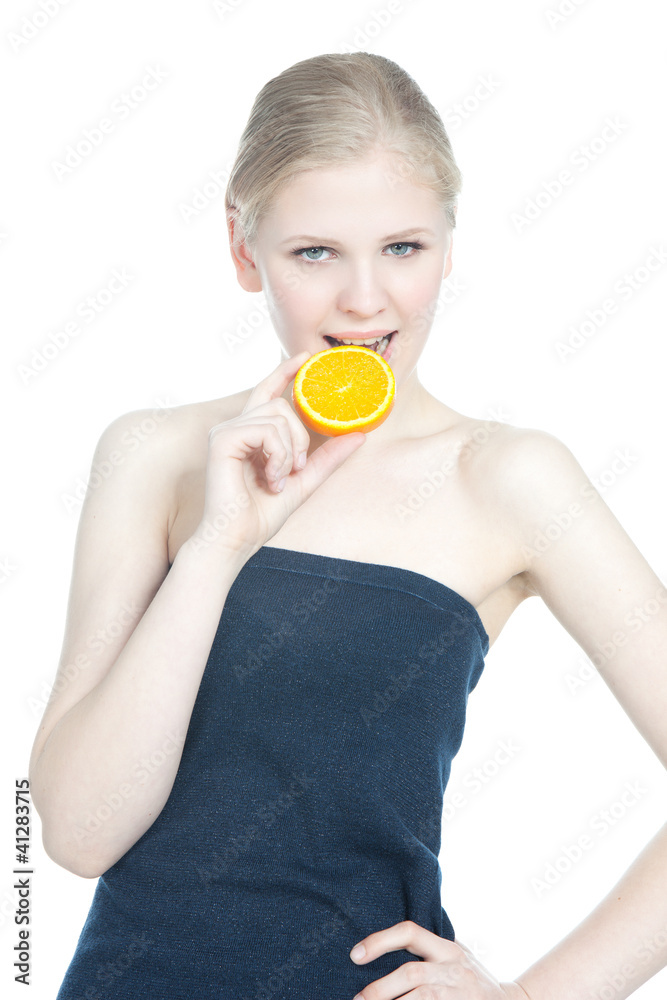 Portrait of a beautiful teen girl with orange over white Portrait of a beautiful teen girl with orange over white