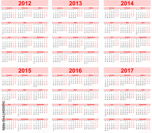 Calendar 2012, 2013, 2014, 2015, 2016, 2017