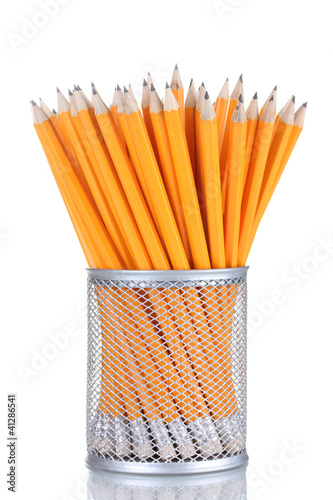 lead pencils in metal cup isolated on white