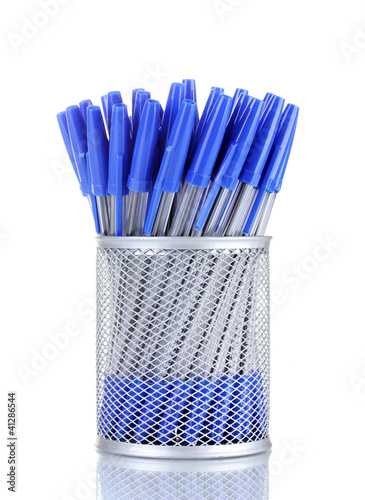 blue pens in metal cup isolated on white
