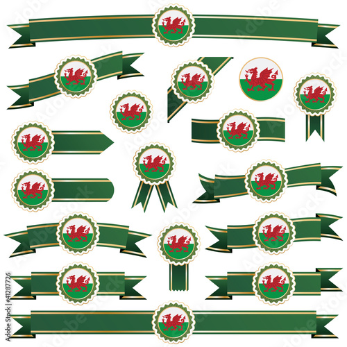 wales red dragon flag ribbon design elements vector green shiny badge clipart isolated on white