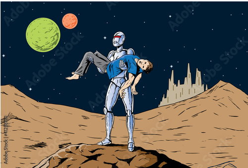 Robot girl carrying away a man, a feminist homage.