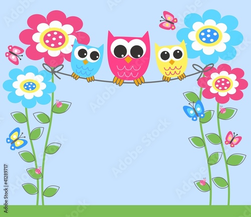 three colorful sweet owls