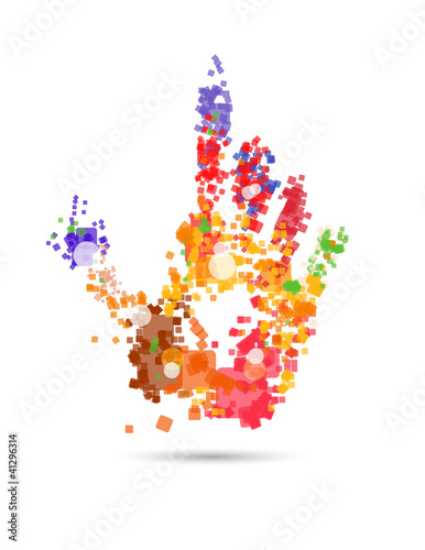 Close up of multicolored hand print on white background