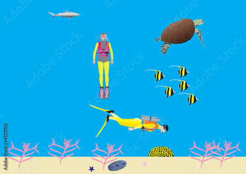 Women Scuba Divers on a Coral Reef