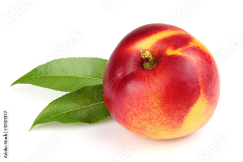 One ripe nectarine with leaves