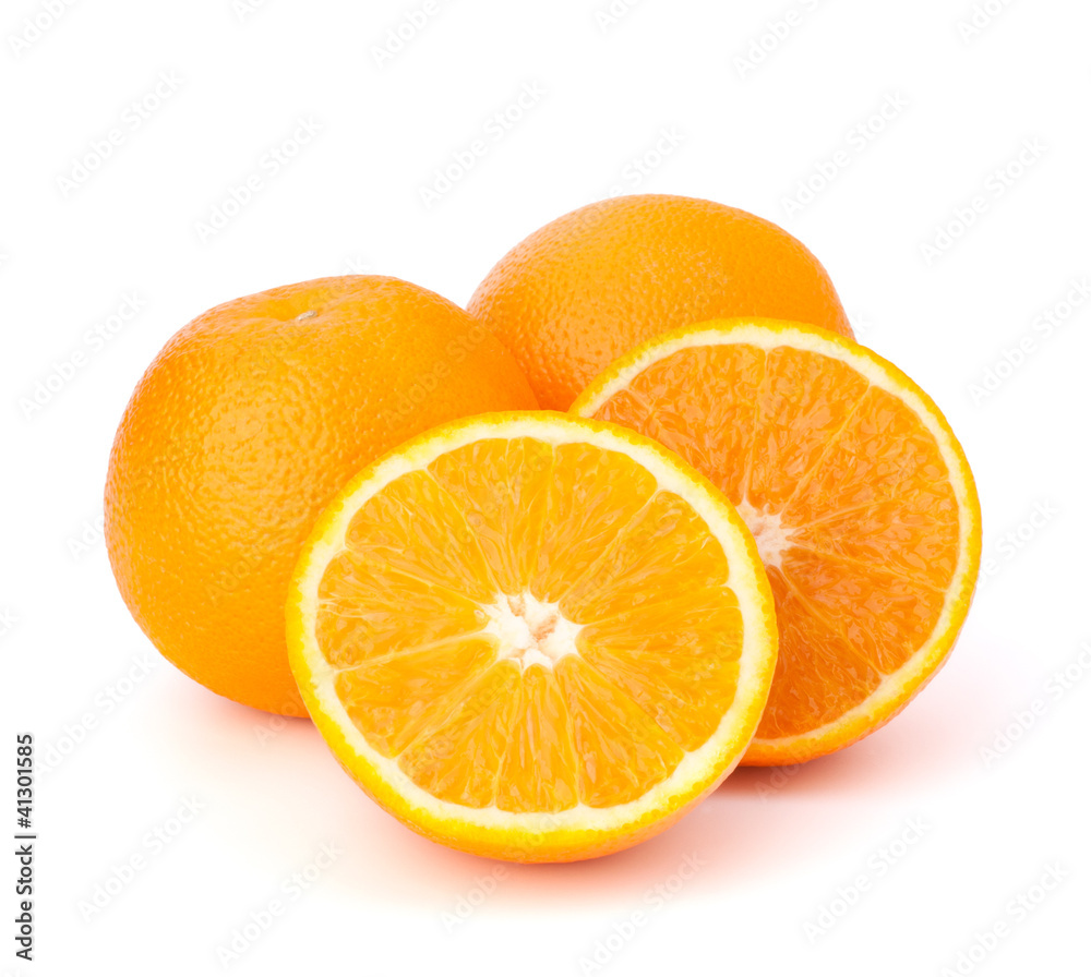 Sliced orange fruit segments isolated on white background Sliced orange fruit segments isolated on white background