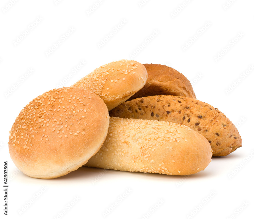 Bread loafs and buns variety isolated on white background