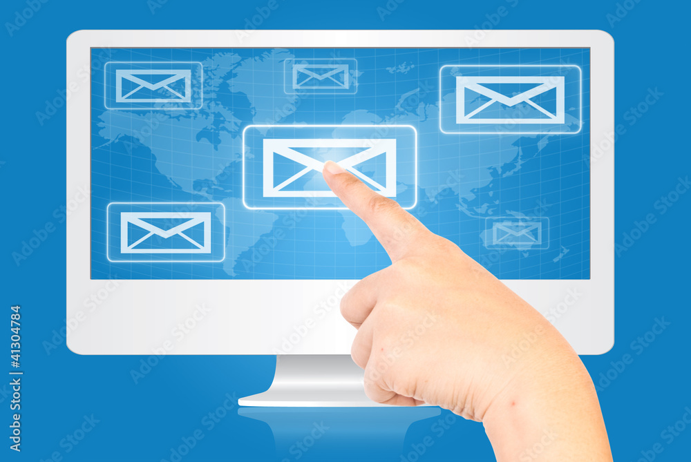 Hand pushing Mail on monitor screen. Hand pushing Mail on monitor screen.