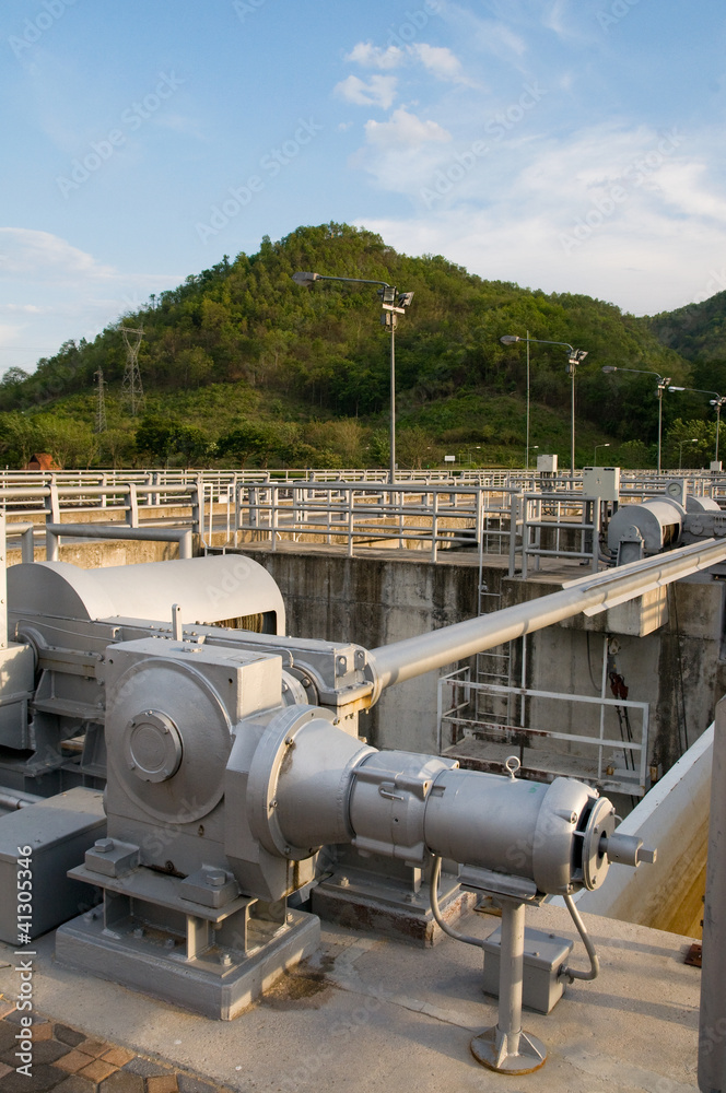 Floodgate mechanism at water reservoir. Floodgate mechanism at water reservoir.